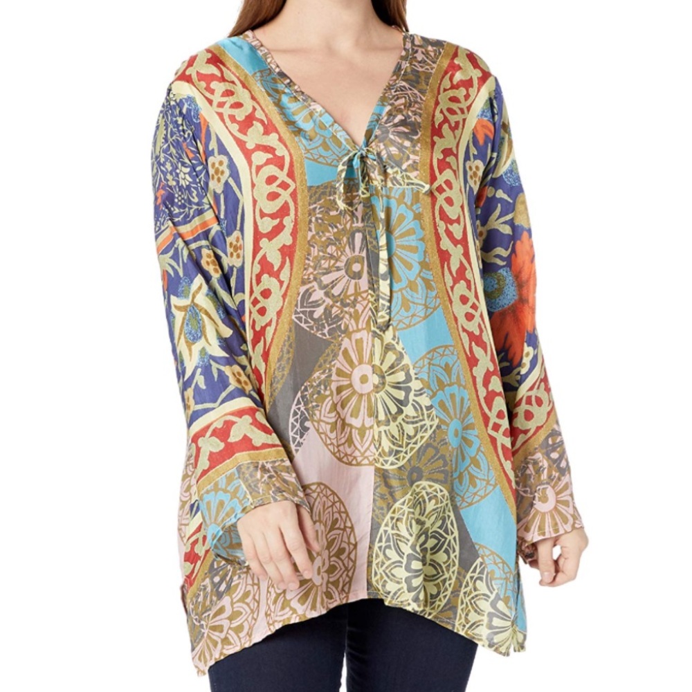 Johnny Was Peppa Mixed Media Print Silk V-Neck Longsleeve Blouse size XS